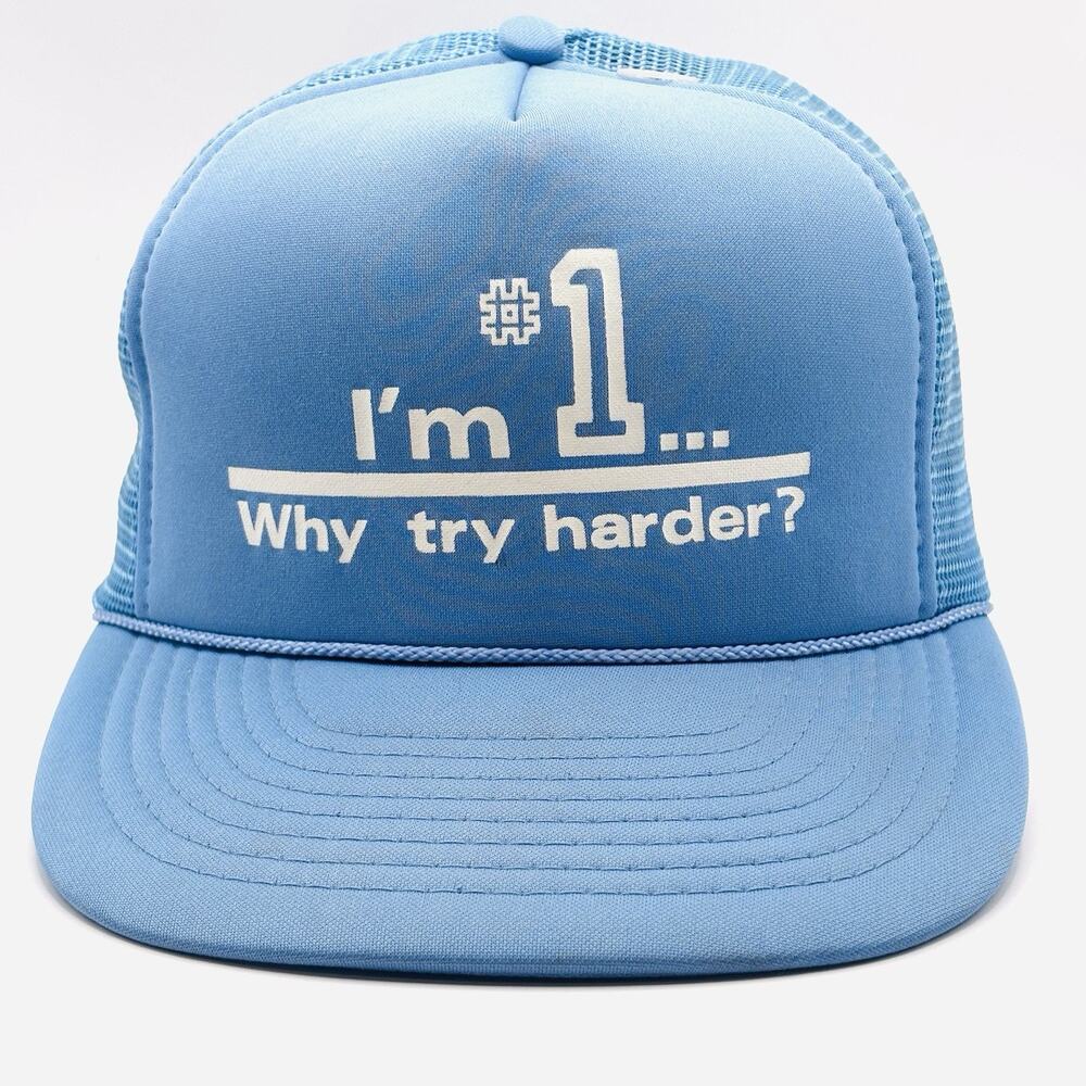 Vintage I’M #1 WHY TRY HARDER? Mesh Snapback Baseball Cap Trucker Hat Lid Blue
